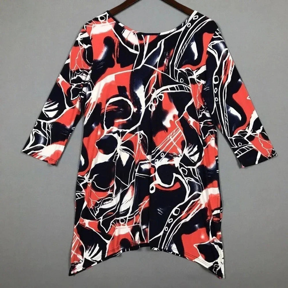 Clara Sun Woo Tunic Top Women Size Medium M Slinky Print 3/4 Sleeve Asymmetrical - Picture 2 of 13
